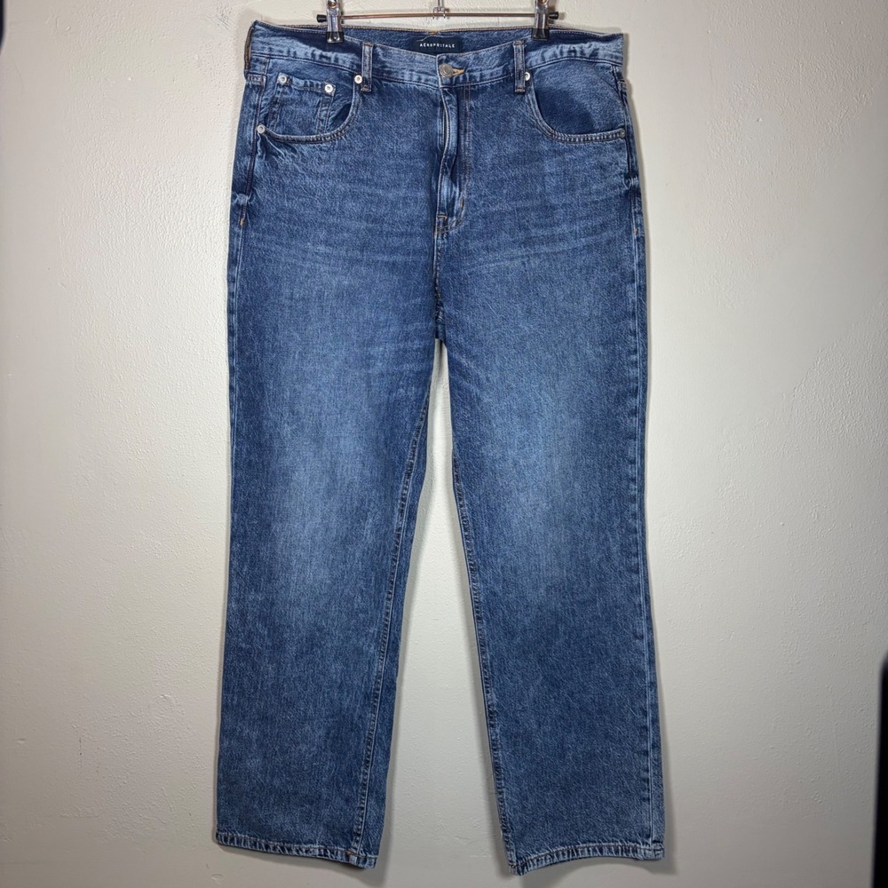 Aeropostale Womens High Waisted Straight Leg Jeans Medium Wash Blue Denim